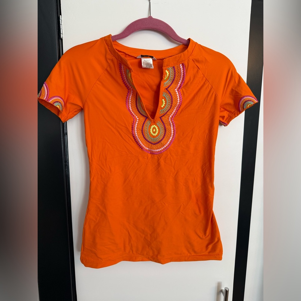 Trina Turk Orange Embroidered Women's Rash Guard Top
